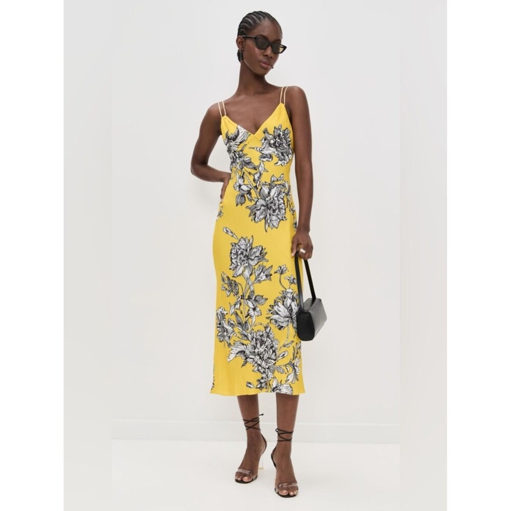Alice + Olivia Kiro Midi Dress Yellow Floral Print Size 4 NWT